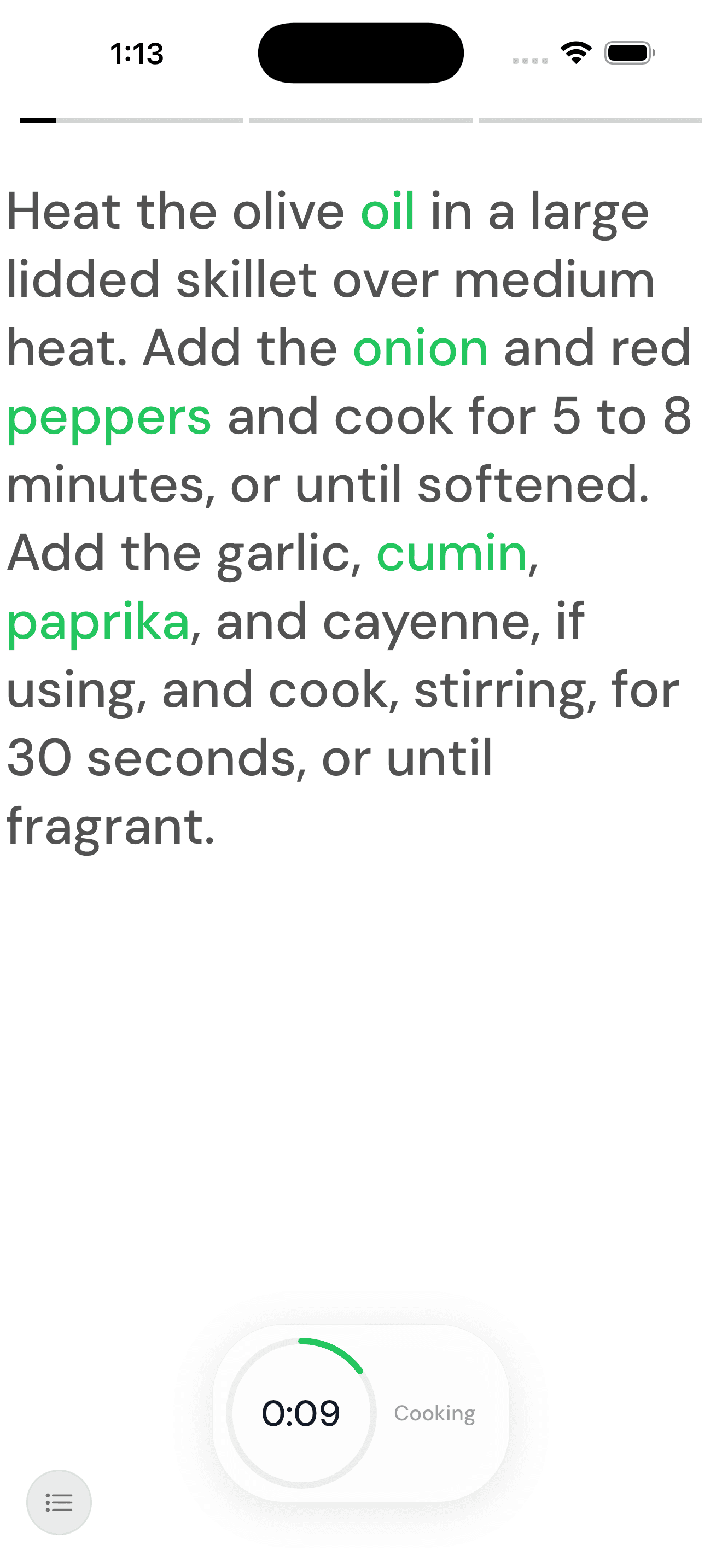 Cinema mode showing recipe step with highlighted ingredients and timer