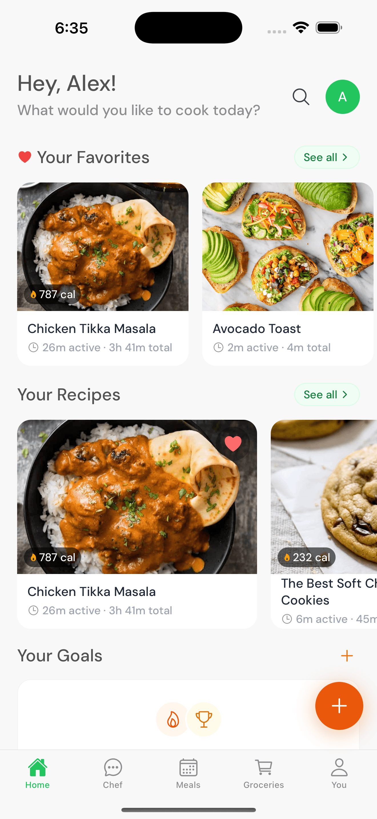 Gosu Chef home screen with favorites, recipes, and goals