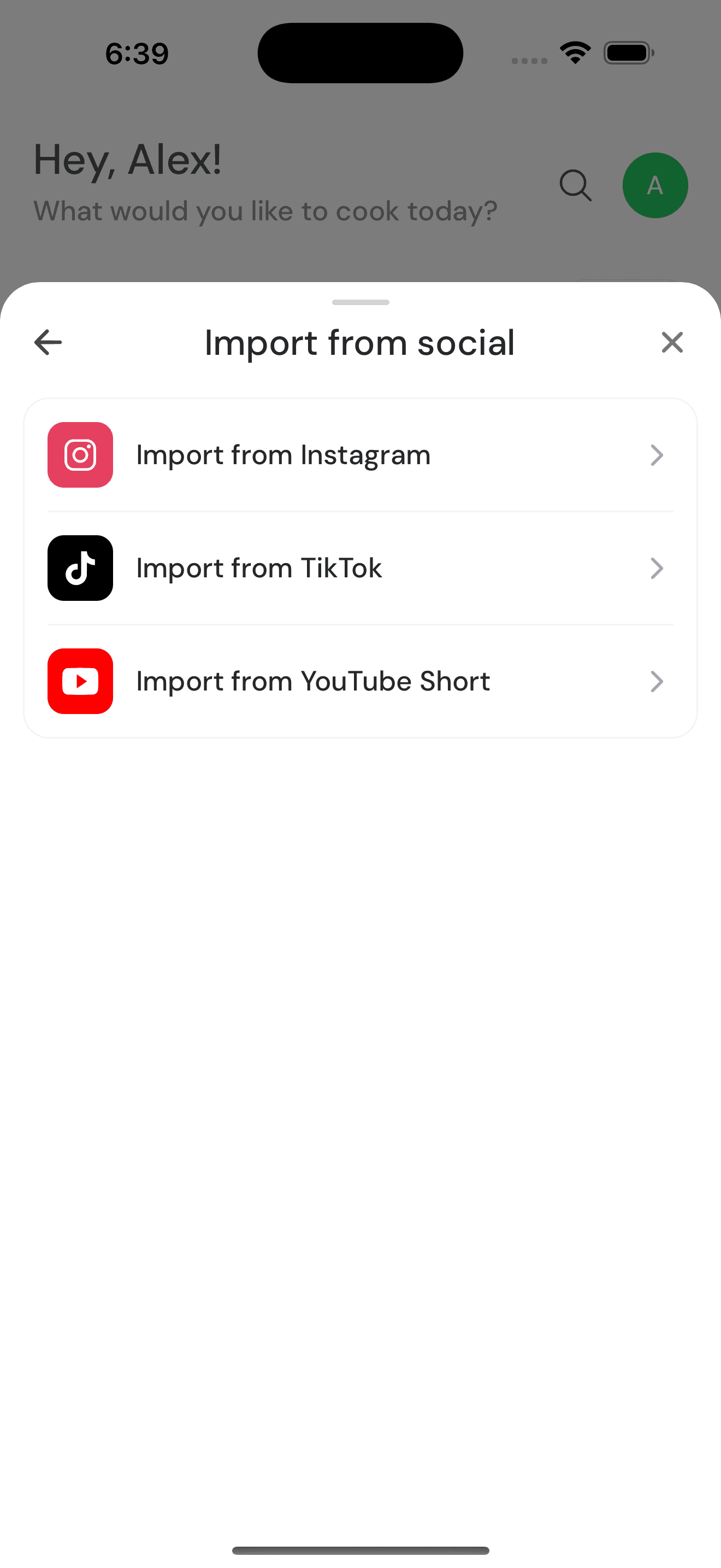 Import from social sheet with Instagram, TikTok, and YouTube Shorts options