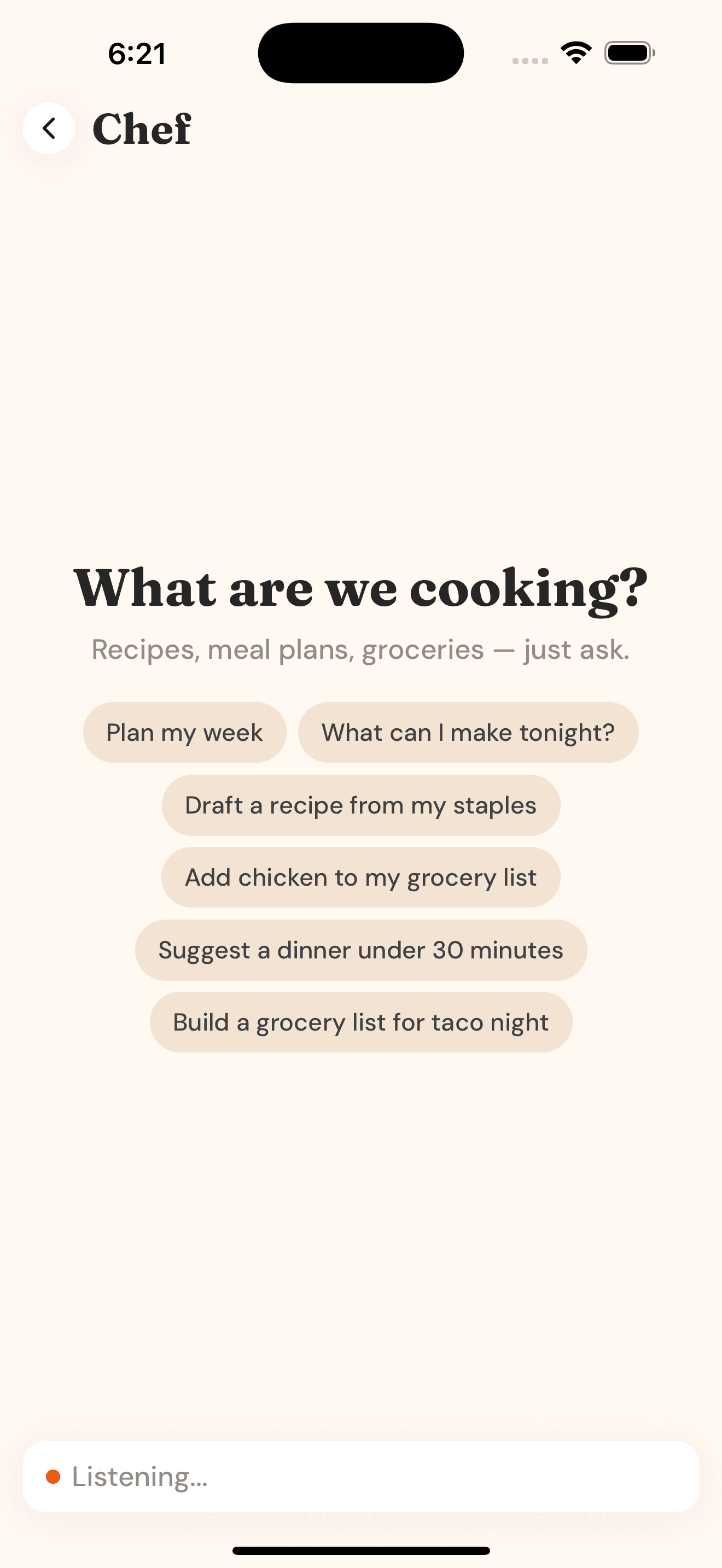 Ask the Chef voice screen listening, with suggestions like Plan my week