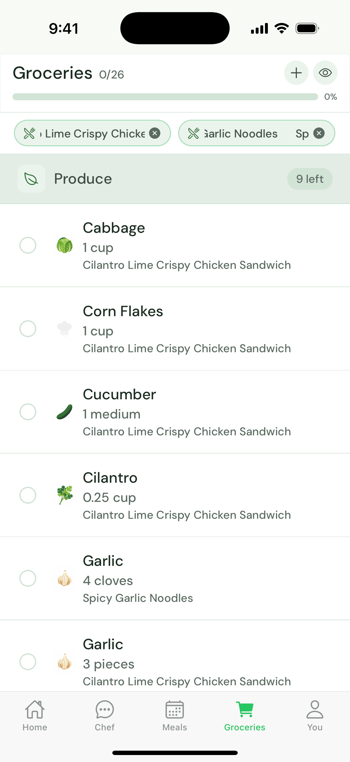 Grocery list organized by aisle with progress bar and recipe chips