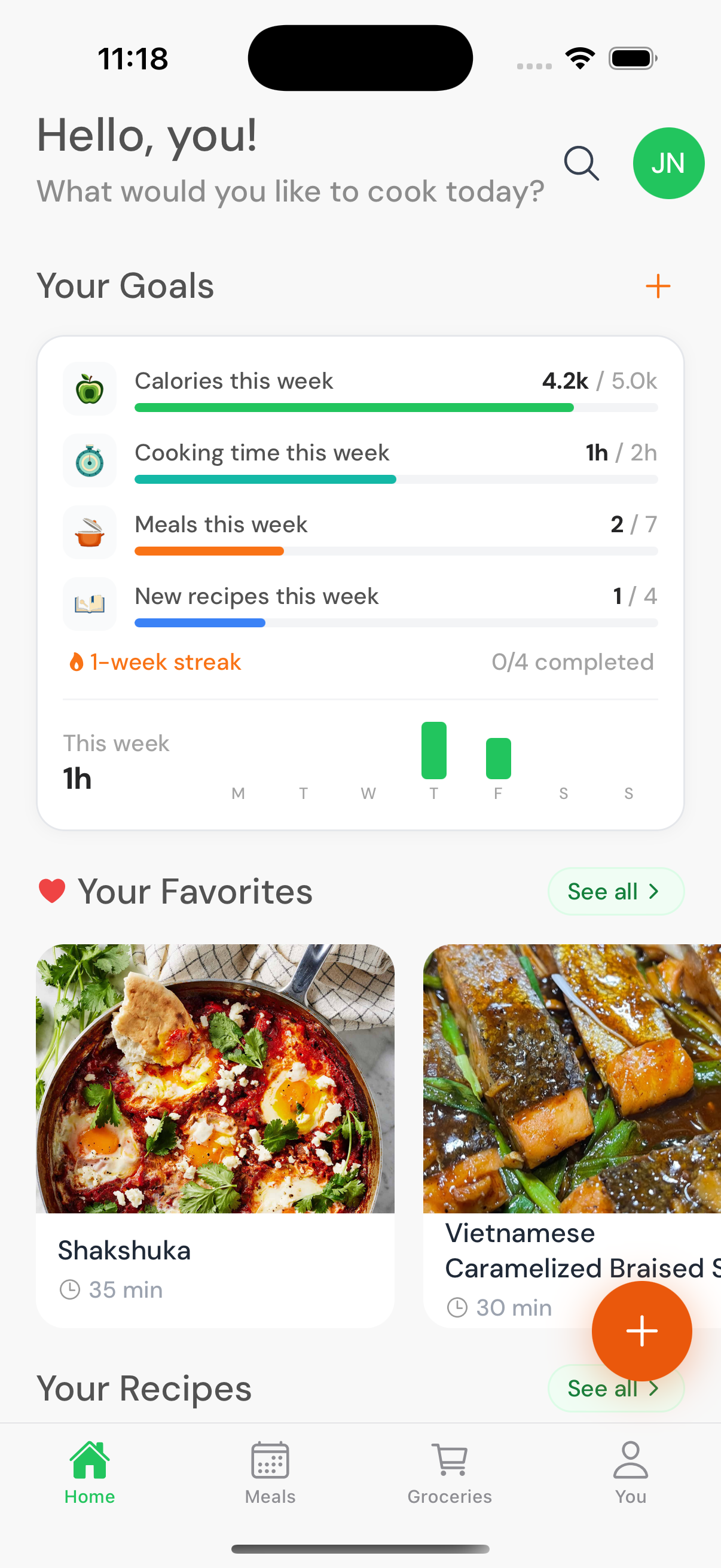 Gosu Chef home screen with goals dashboard, favorites, and recipes