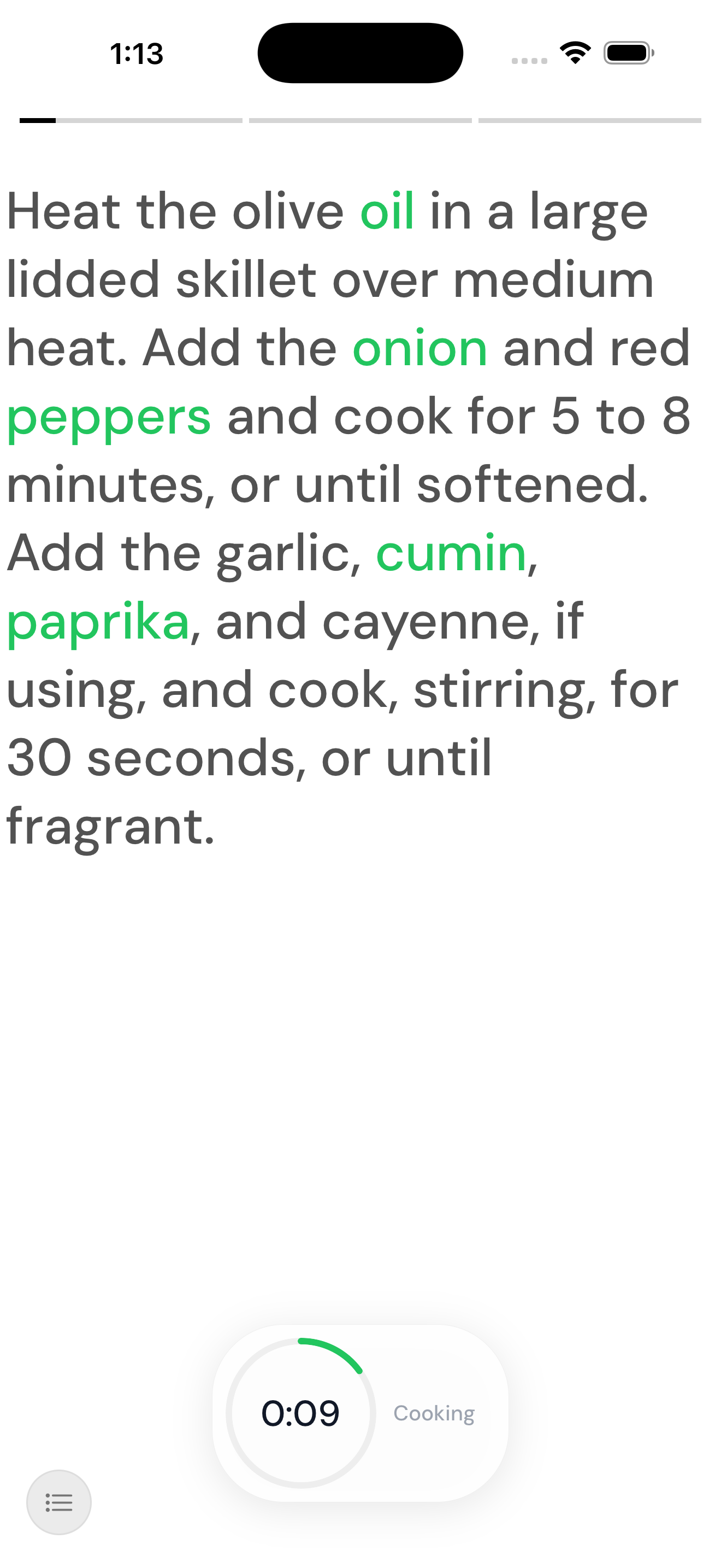 Cinema mode showing recipe step with highlighted ingredients and timer