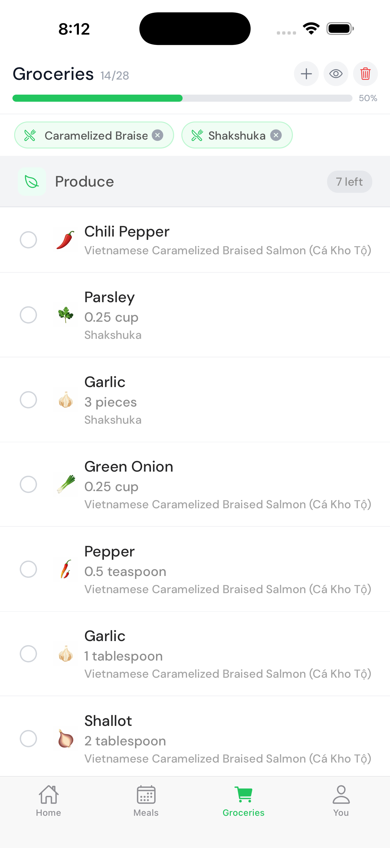 Grocery list organized by aisle with progress bar and recipe chips